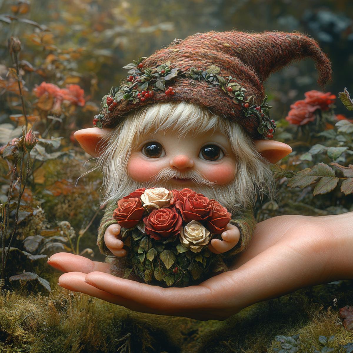A womans palm supporting a gnome, vibrant with earthy tones of green and brown, tiny figure adorned in a whimsical hat, clutching a bouquet of roses in vivid red and cream, intricate details of gnomes expression captured with realism, palms texture contrasting with the smooth petals, lush garden background blurred into soft hues, glimmers of light filtering through, evoking a sense of miniature wonderment and enchanted growth.