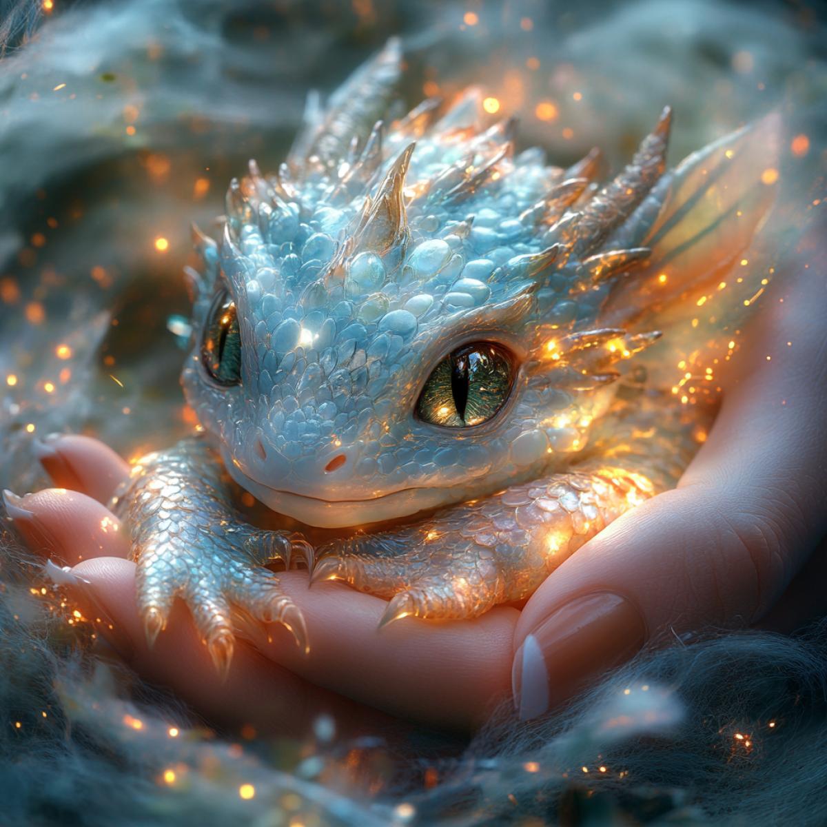 A womans palm embracing a newly hatched dragon, iridescent scales shimmering in shades of emerald and sapphire, tiny wings folded delicately against fragile , intricate details of scales reflective of light, soft fuzz of baby dragons head contrasting against the smoothness of skin, surreal backdrop of vaporous clouds, hints of magical sparks fluttering around, evoking a fantastical realm of mythical creatures and new beginnings.