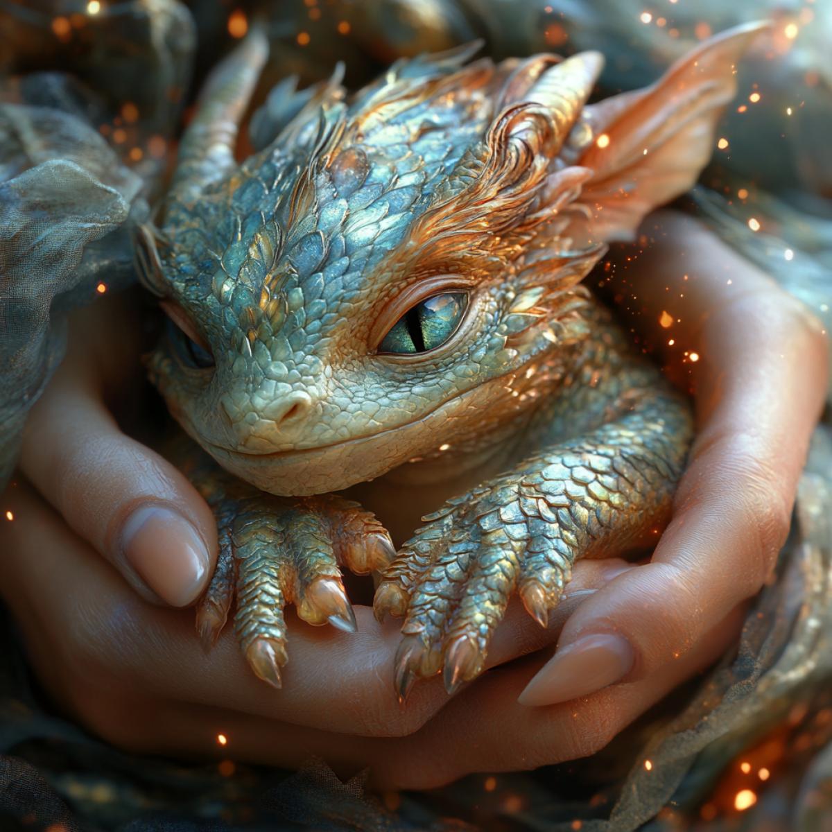 A womans palm embracing a newly hatched dragon, iridescent scales shimmering in shades of emerald and sapphire, tiny wings folded delicately against fragile , intricate details of scales reflective of light, soft fuzz of baby dragons head contrasting against the smoothness of skin, surreal backdrop of vaporous clouds, hints of magical sparks fluttering around, evoking a fantastical realm of mythical creatures and new beginnings.