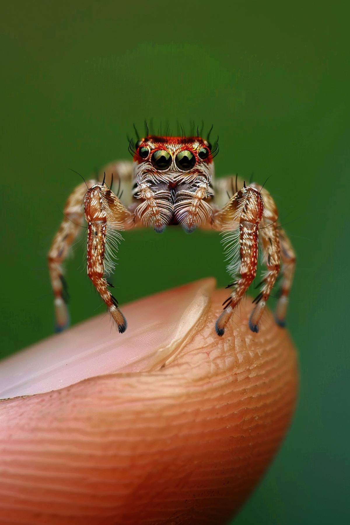 Little cute jumping spider sitting on the tip of a persons finger, photo