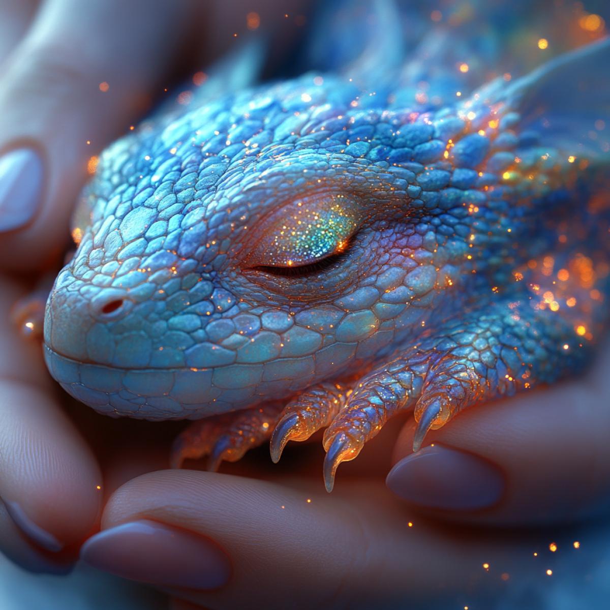 A womans palm embracing a newly hatched dragon, iridescent scales shimmering in shades of emerald and sapphire, tiny wings folded delicately against fragile , intricate details of scales reflective of light, soft fuzz of baby dragons head contrasting against the smoothness of skin, surreal backdrop of vaporous clouds, hints of magical sparks fluttering around, evoking a fantastical realm of mythical creatures and new beginnings.