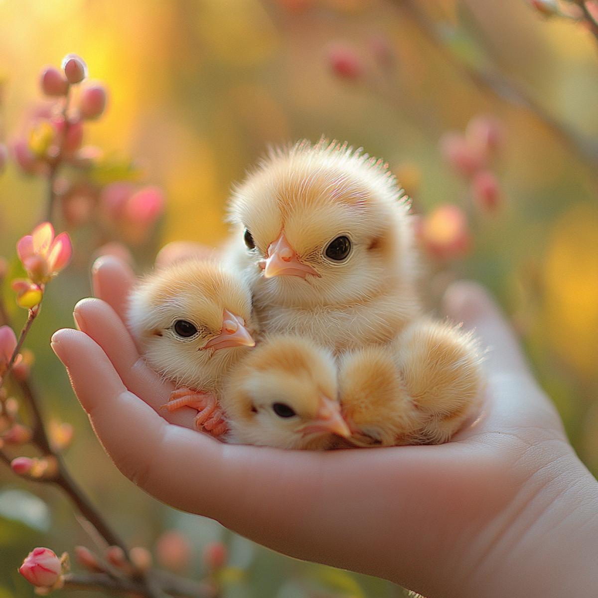A childs palm cradling tiny chicks, soft downy feathers in pastel yellow and white, delicate textures contrasting with smooth skin, each chick peeping curiously, intricate details of tiny beaks and bright eyes, vibrant spring garden backdrop blurred in bright colors, playful rays of sunlight illuminating the scene, playful shadows dancing across the palm, evoking the essence of innocence and the warmth of natures embrace.