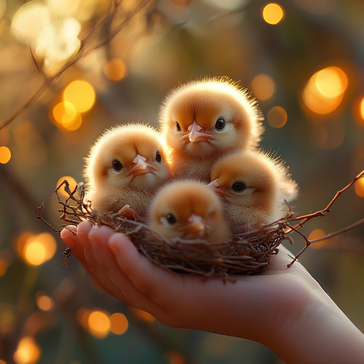 A childs palm cradling tiny chicks, soft downy feathers in pastel yellow and white, delicate textures contrasting with smooth skin, each chick peeping curiously, intricate details of tiny beaks and bright eyes, vibrant spring garden backdrop blurred in bright colors, playful rays of sunlight illuminating the scene, playful shadows dancing across the palm, evoking the essence of innocence and the warmth of natures embrace.