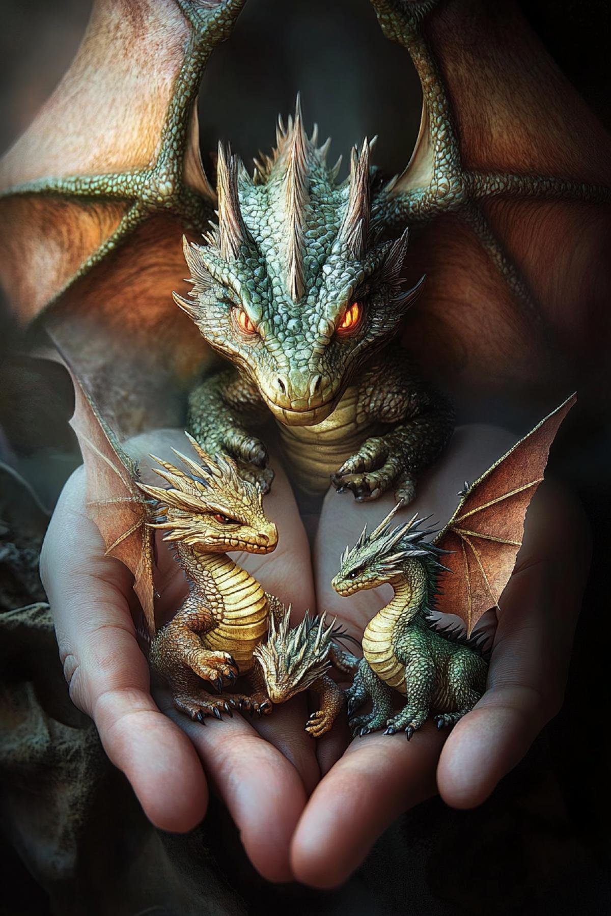 Fill this photo with details, improve the light and make the big dragon cover all the other dragons in your hand