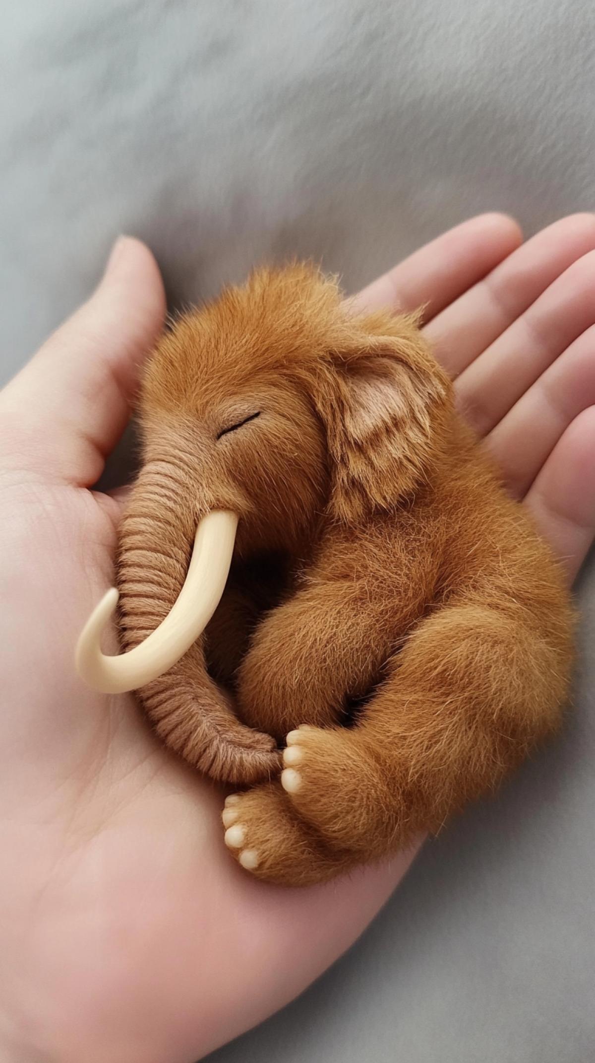 Miniature reduced live mammoth sleeps in the palm