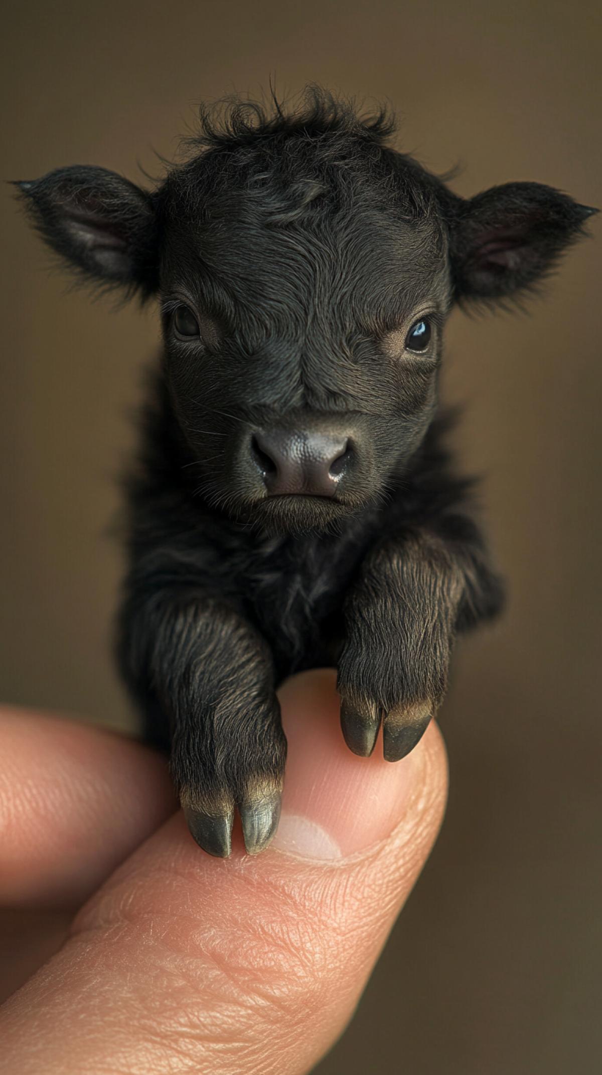 Photorealistic, 34k, A micro baby Buffalo perched on a human finger ar 9:16 v 6.1 s 750 style raw