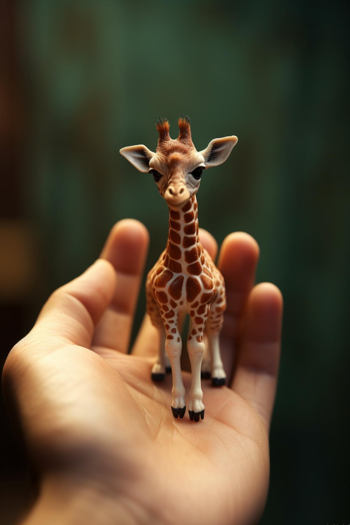 Miniature giraffe on a mans hand. realistic picture