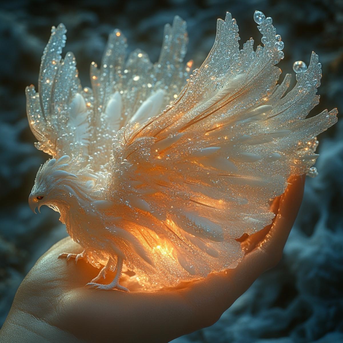 A womans palm, a living miniature angel, delicate wings shimmering in iridescent pastels, intricate details of feathers, surrounded by ethereal wisps of mist, reminiscent of the art of Yodirtaka Amano, soft golden hour light accentuating textures, macro shot highlighting the contrast between skin and angelic form.