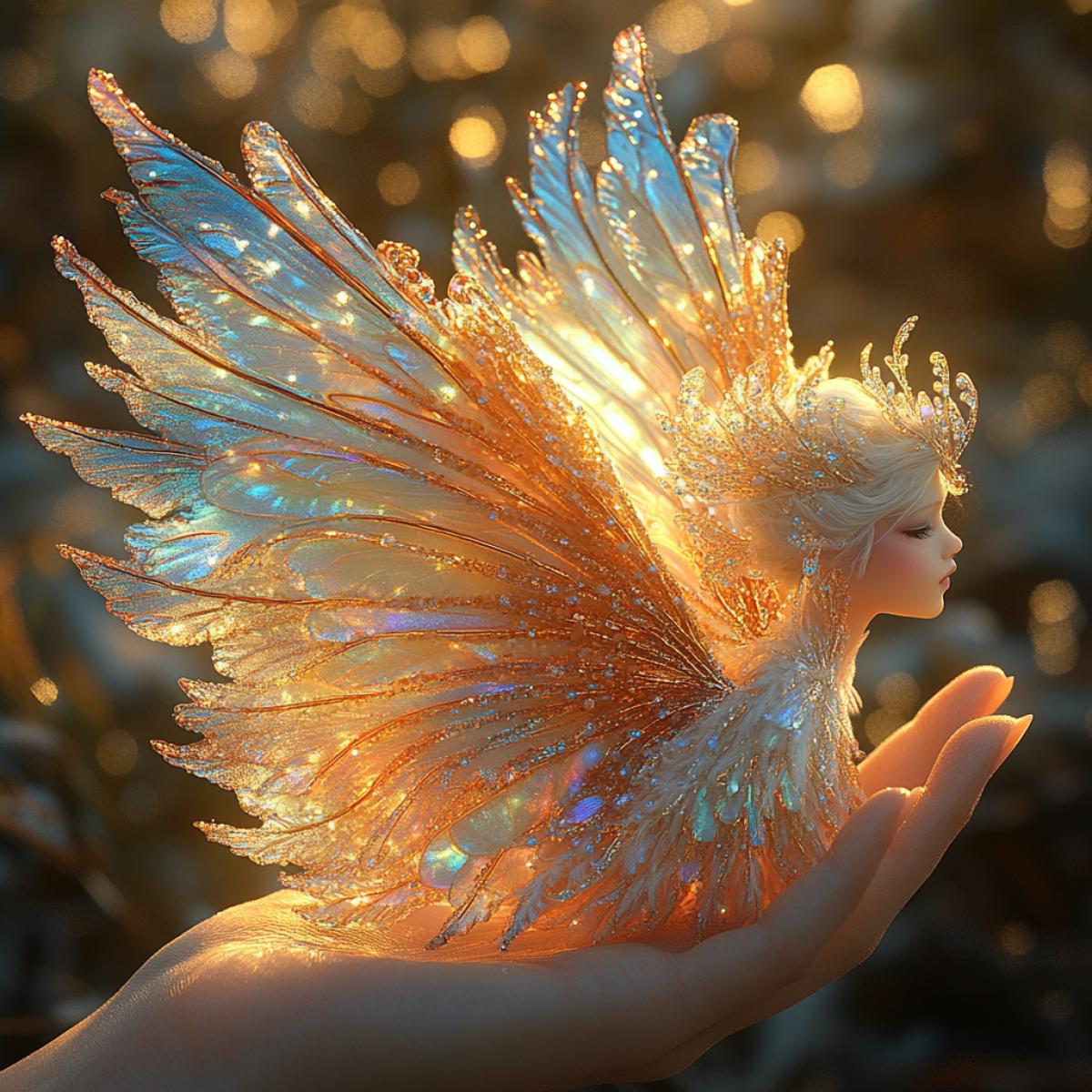 A womans palm, a living miniature angel, delicate wings shimmering in iridescent pastels, intricate details of feathers, surrounded by ethereal wisps of mist, reminiscent of the art of Yodirtaka Amano, soft golden hour light accentuating textures, macro shot highlighting the contrast between skin and angelic form.