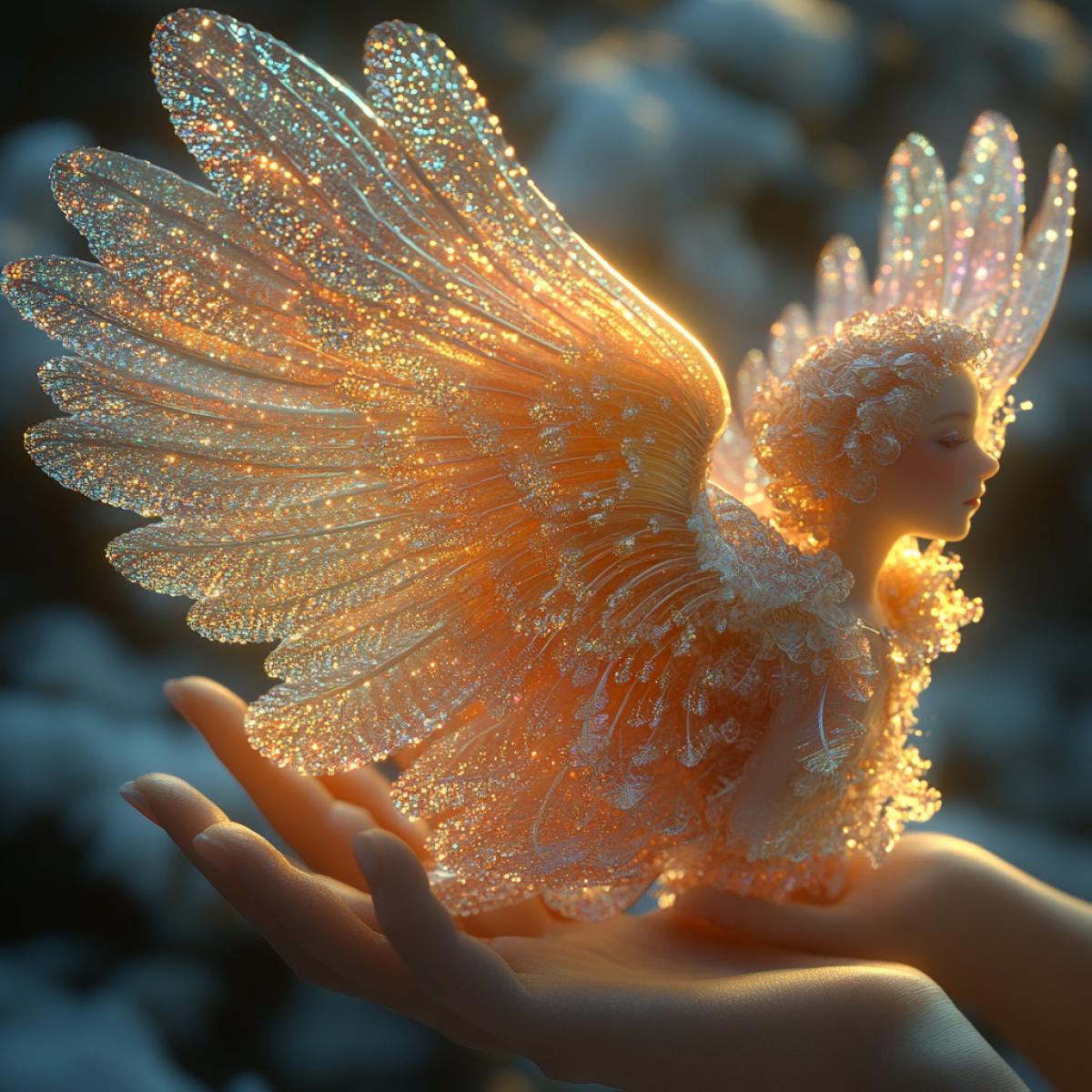 A womans palm, a living miniature angel, delicate wings shimmering in iridescent pastels, intricate details of feathers, surrounded by ethereal wisps of mist, reminiscent of the art of Yodirtaka Amano, soft golden hour light accentuating textures, macro shot highlighting the contrast between skin and angelic form.