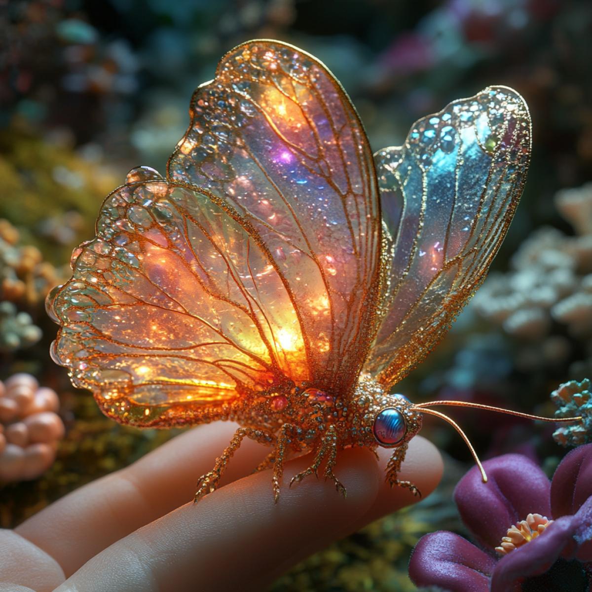 A childs hand, a tiny creature, iridescent wings fluttering, luminescent skin glowing faintly, whiskers twitching, intricate patterns on its , soft moss carpet below, enchanted forest setting filled with vibrant oversized flowers.