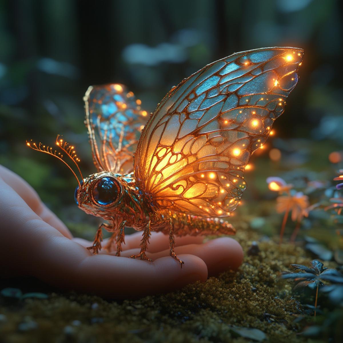 A childs hand, a tiny creature, iridescent wings fluttering, luminescent skin glowing faintly, whiskers twitching, intricate patterns on its , soft moss carpet below, enchanted forest setting filled with vibrant oversized flowers.