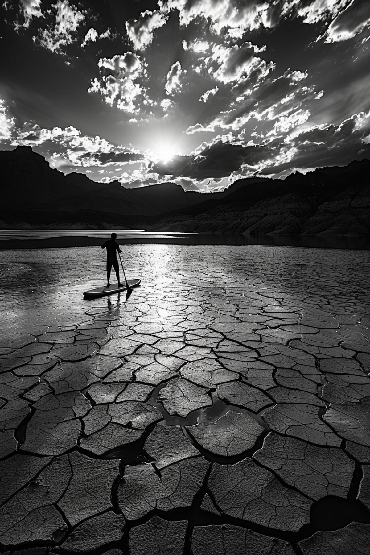 A dark and white photo of a man struggling to paddle on a dry lake, holding the paddle with the two hands on his paddleboard in the distance, with an little mountain silhouette in the background, sky light before dawn. A serene atmosphere. golden light from the afternoon illuminates the scene surface and clear horizon. A tranquil lake scene shows natures beauty during a peaceful morning. In the style of Sebastiao Salgado, dramatic sky with clouds, contrast, texture
