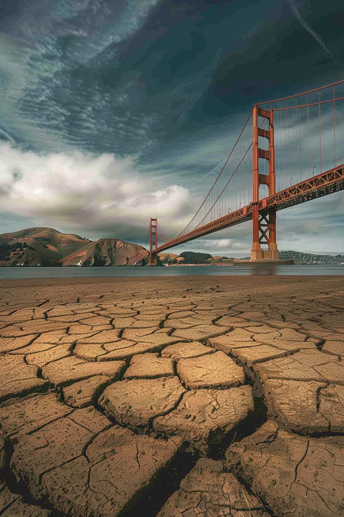 San Francisco Bridge, but the water is dry, the land is arid