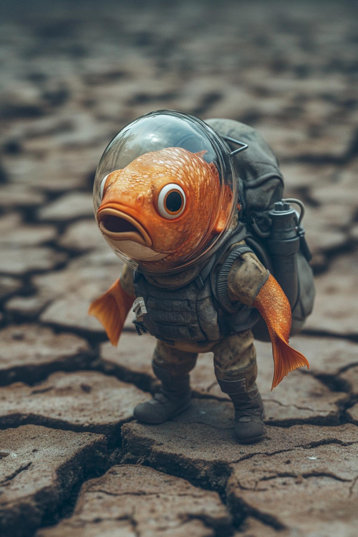 Fish wearing special waterful hermetical survival suit with transparent helmet walking along cracked ground during draught ironic Pixar illustration