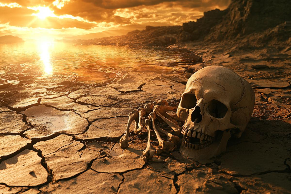 A photo of a desert landscape with cracked earth and a dried riverbed, a skull with bones in the foreground, and in the background water flooded with warm sunlight. The dry earth reflects light, creating an atmosphere of desolation and hopelessness.
