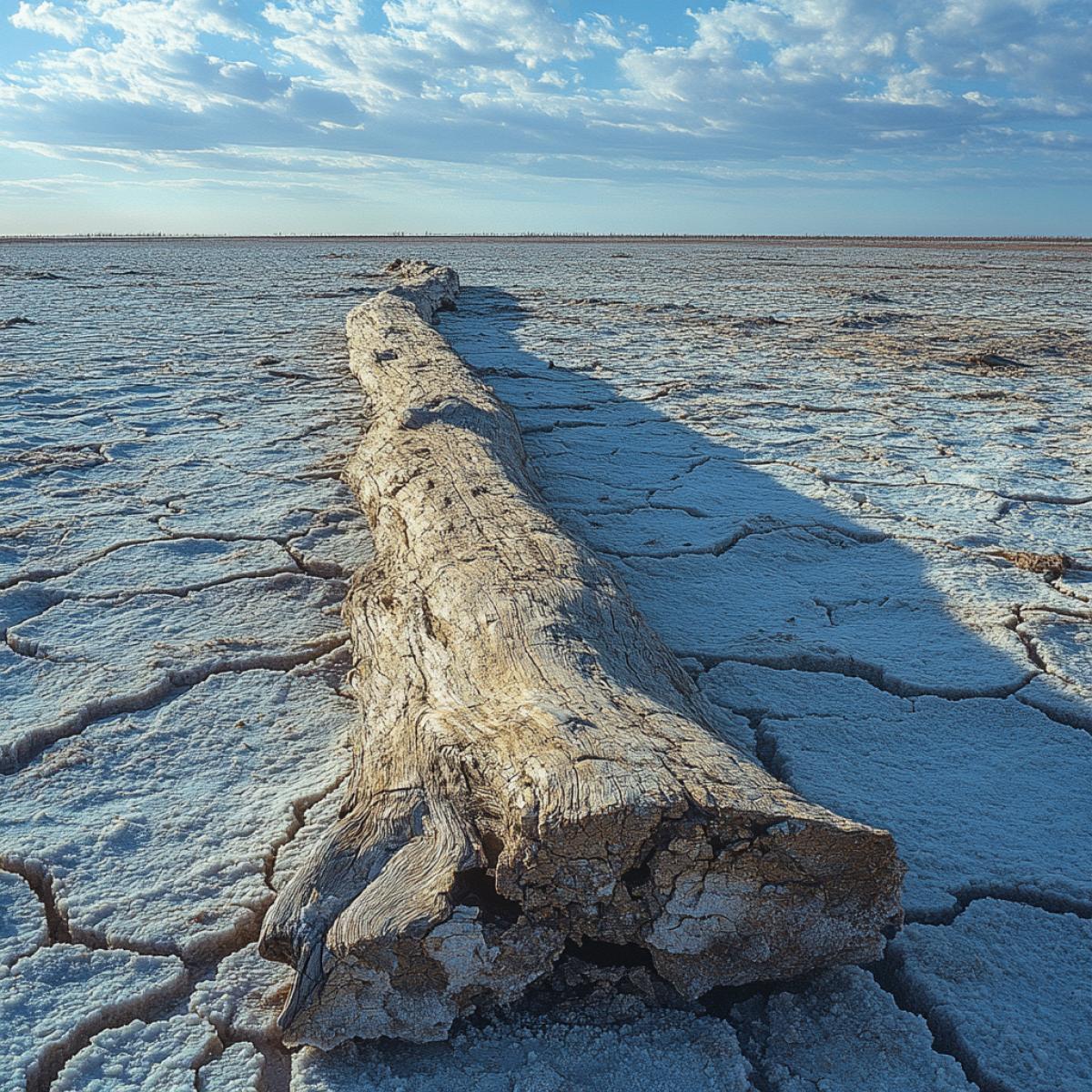 Desiccated Caspian Sea, cracked earth formations, shimmering salt flats, desolate beauty, ethereal pastel sky, scattered driftwood, intricate patterns of salt crusts, minimalist com4k, distant horizon, atmospheric mirage.