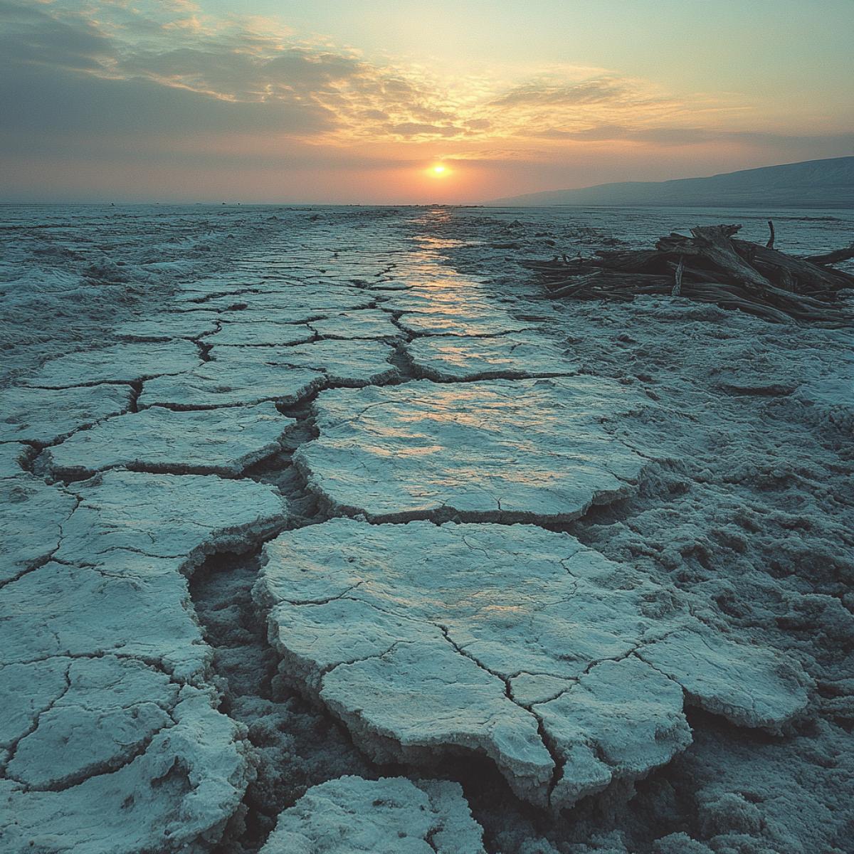 Desiccated Caspian Sea, cracked earth formations, shimmering salt flats, desolate beauty, ethereal pastel sky, scattered driftwood, intricate patterns of salt crusts, minimalist com4k, distant horizon, atmospheric mirage.