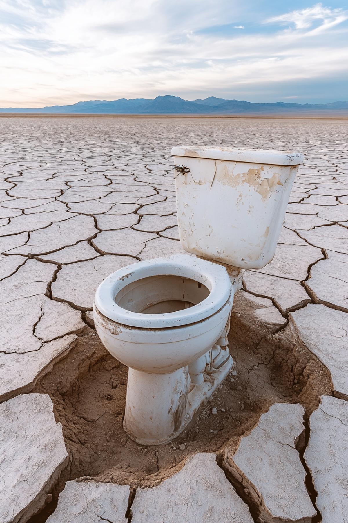 Photo of an old toilet lost at the bottom of a dry lake with cracked earth around it, a post-apocalyptic atmosphere, lost civilizations, desert landscape