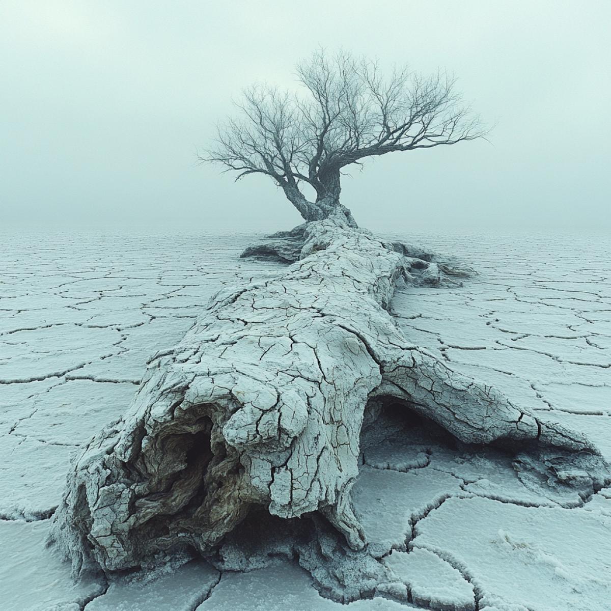 Desiccated Caspian Sea, cracked earth formations, shimmering salt flats, desolate beauty, ethereal pastel sky, scattered driftwood, intricate patterns of salt crusts, minimalist com4k, distant horizon, atmospheric mirage.