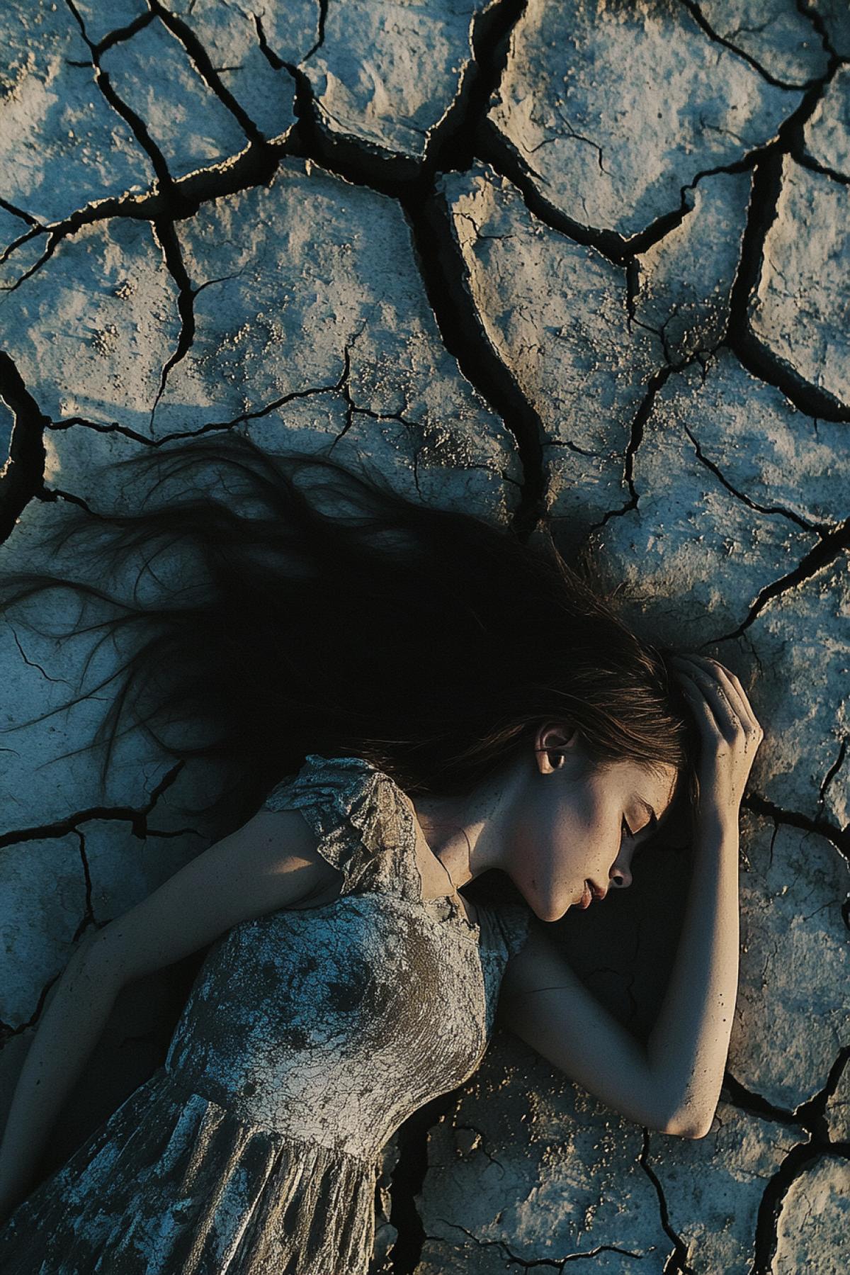 Atmospheric photography of cracked earth in the form of a silhouette of a sleeping girl lying on the bottom of a dry lake, environmental symbolism, aesthetics of death