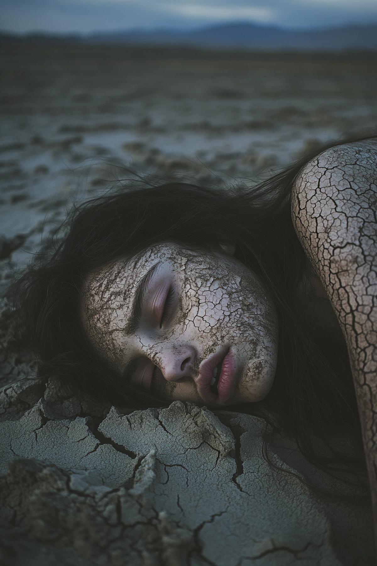 Atmospheric photograph of a girl with cracked, earthy skin lying on the bottom of a dry lake, environmental symbolism, aesthetics of death