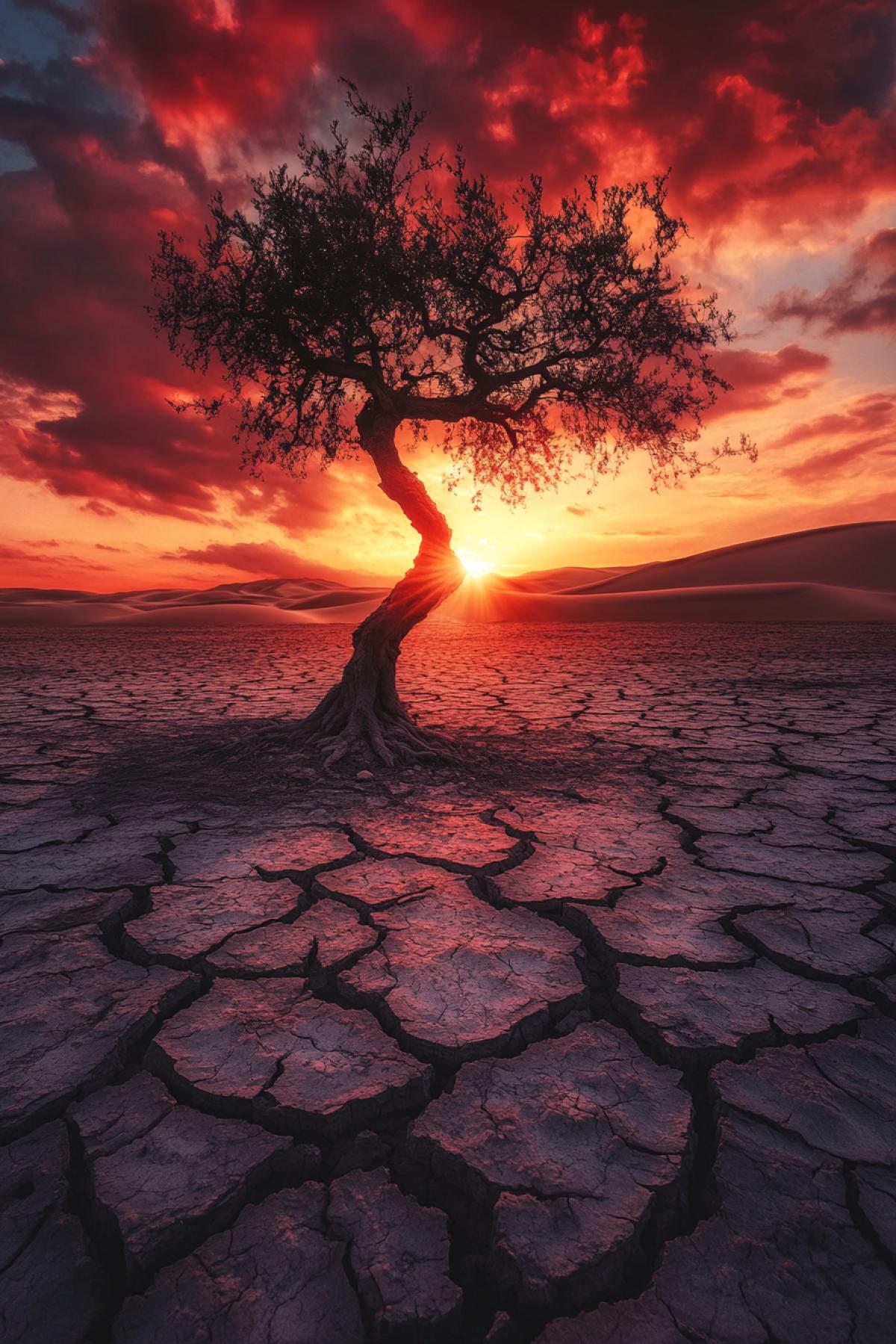 A lone tree with luxury, twisted branches, standing in the middle of a big cracked lake bed, against the backdrop of a bright red sunset, dry Iranian sand dunes in the distance, a light wind raising dust, an atmosphere of desolation and mysterious beauty, dark shadows emphasize the drama.
