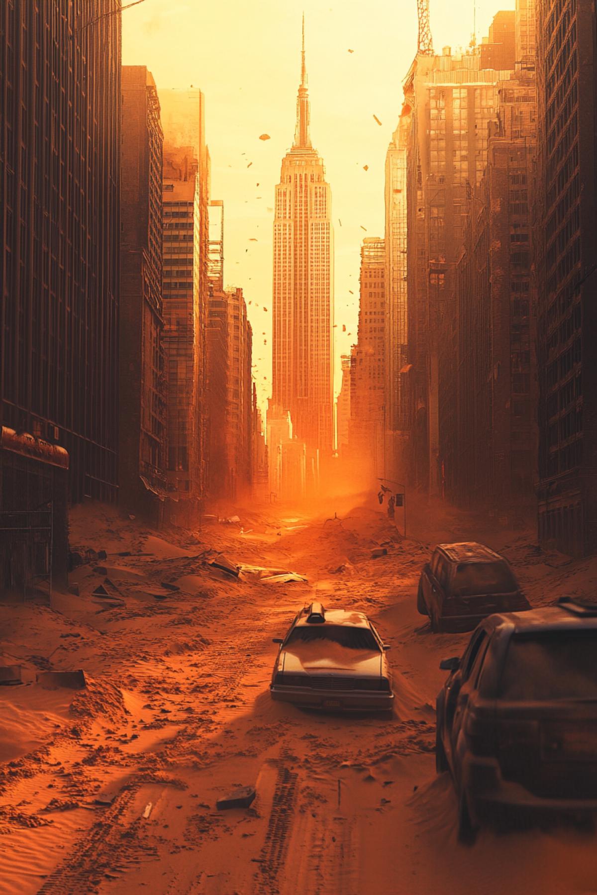 A cityscape where tall skyscrapers are covered with a layer of sand, asphalt streets are cracked, old cars are swallowed up by dunes, the windows of buildings are dusty and abandoned, a dusty orange sky hangs over the city, the shadows of buildings lengthen, the feeling of an abandoned metropolis and the complete disappearance of life.