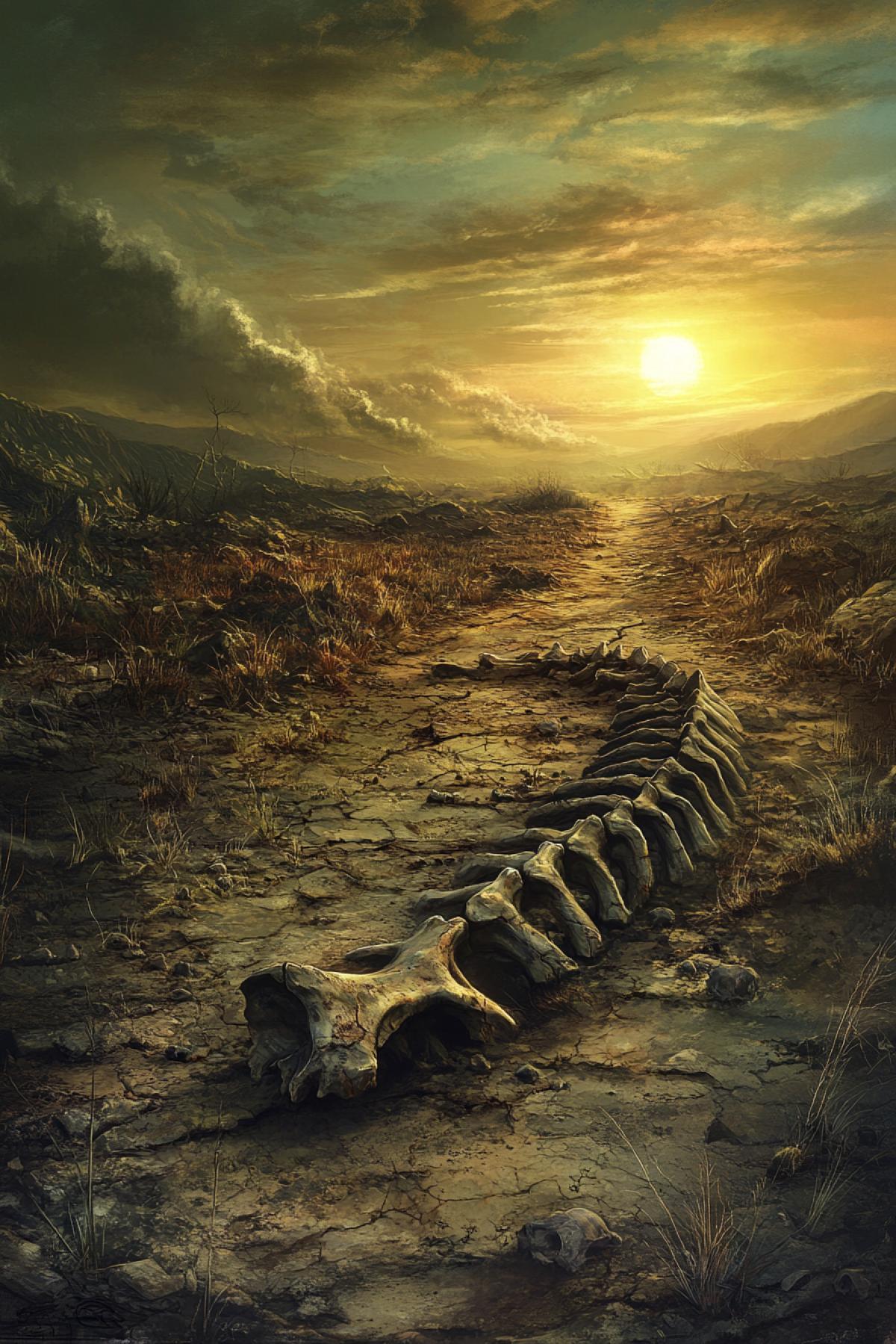 A dry riverbed along which lie the luxury bones of an ancient creature, big ribs protruding from the ground, dead earth and burnt grass all around, the hot sun at its zenith, a sandstorm on the horizon, a feeling of antiquity and abandonment, a scene as if from a post-apocalyptic world.