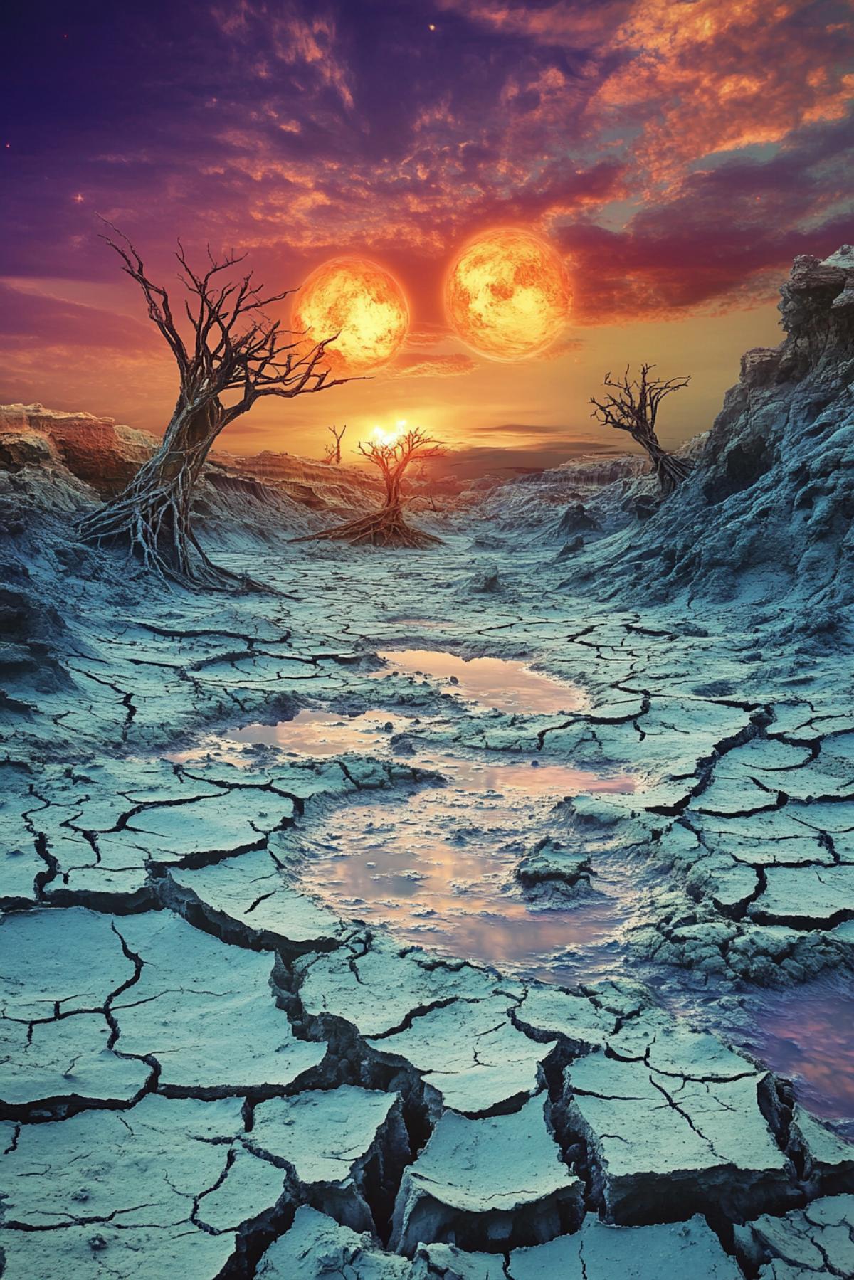 A fantastic landscape where drought has struck an alien planet, the surface of bluish clay is covered with deep cracks, big dried out trees with bizarre shapes are visible on the horizon, the sky with two suns is painted in bright shades of orange and purple, an atmosphere of uncertainty and despair.