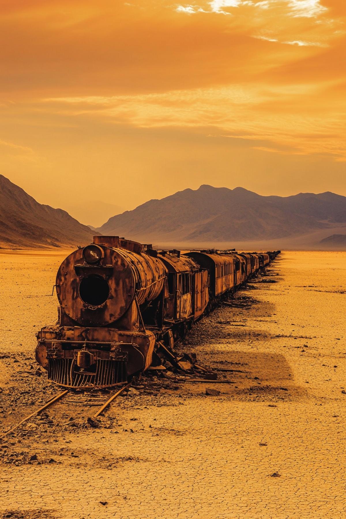 An arid plain strewn with the rusting remains of old trains, their metal shells half-buried in the cracked earth, deserted mountains visible in the distance, the sky covered in a layer of dust, creating an orange hue, the feeling of time standing still in the midst of emptiness and desolation.