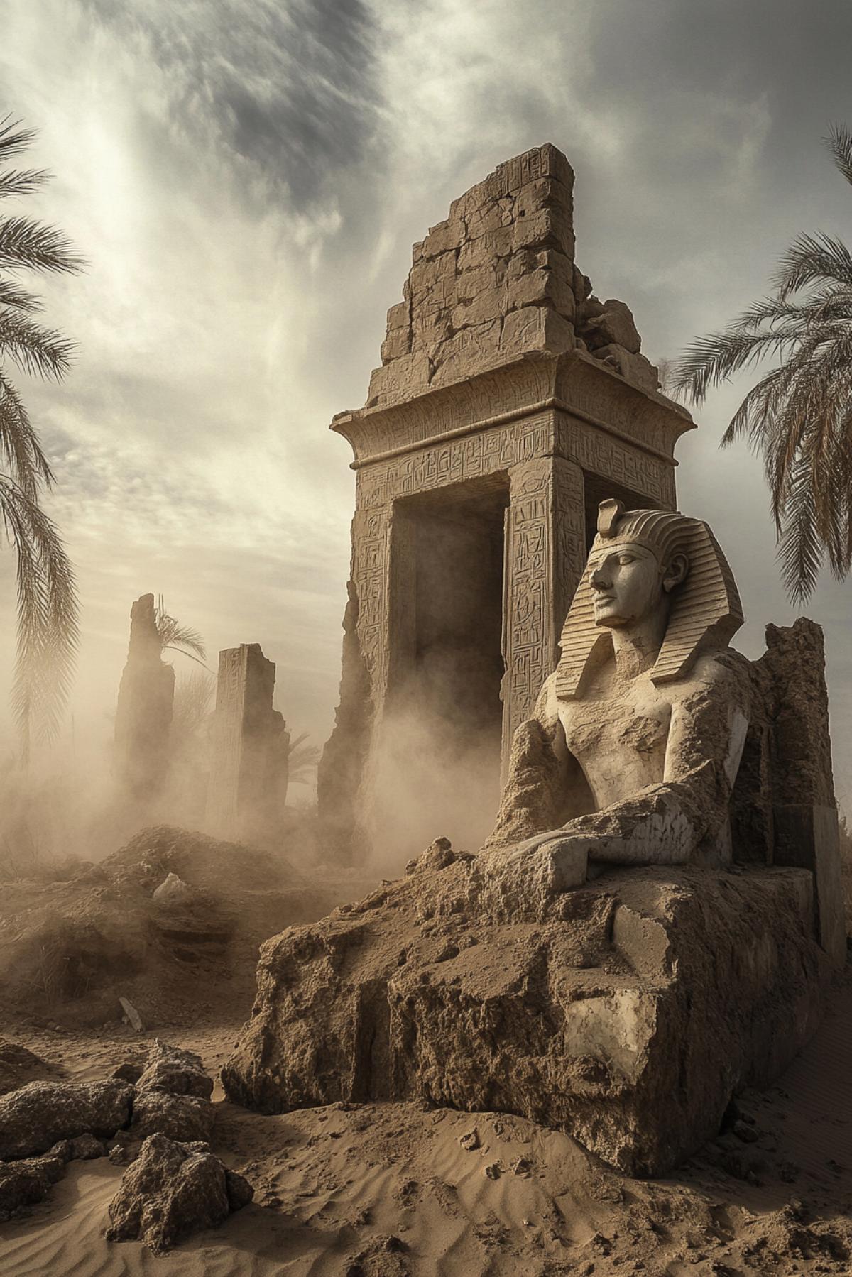 An ancient stone temple, partially immersed in sand, on the site of a once blooming oasis, around are dried palm trees and the remains of destroyed buildings, marble statues with cracks, half-buried with sand, dusty clouds in the background, a feeling of majesty and lost civilization, harsh but bewitching beauty.