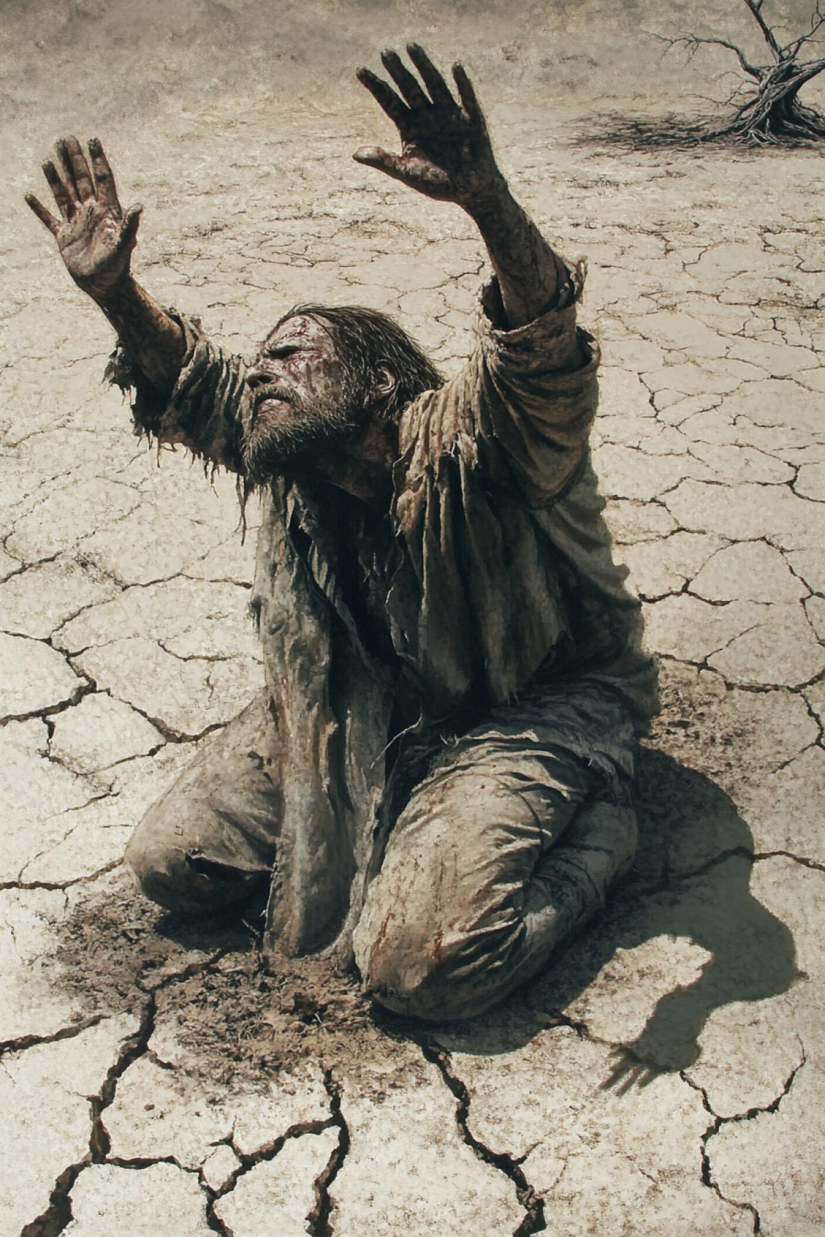 A lonely man in rags kneels on the cracked ground, raising his hands to the merciless sky, his face is dried out by the sun, his eyes are full of despair and prayer, there is a lifeless desert around him, twisted dead trees on the horizon, heavy shadows emphasize the atmosphere of hopelessness and pain.