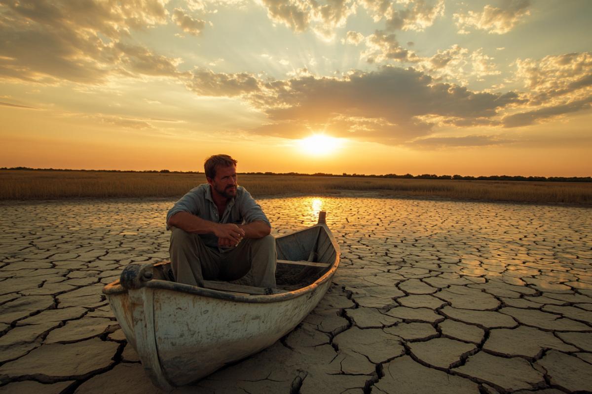 A man sits in a boat in the middle of a dry lake with cracked ground, atmospheric photography
