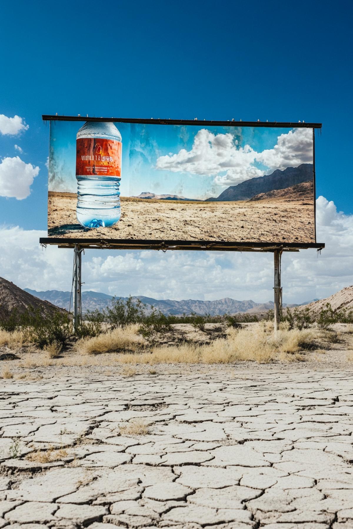 Billboard with a picture of a water bottle in the middle of a hot desert with cracked ground, atmospheric dramatic photo