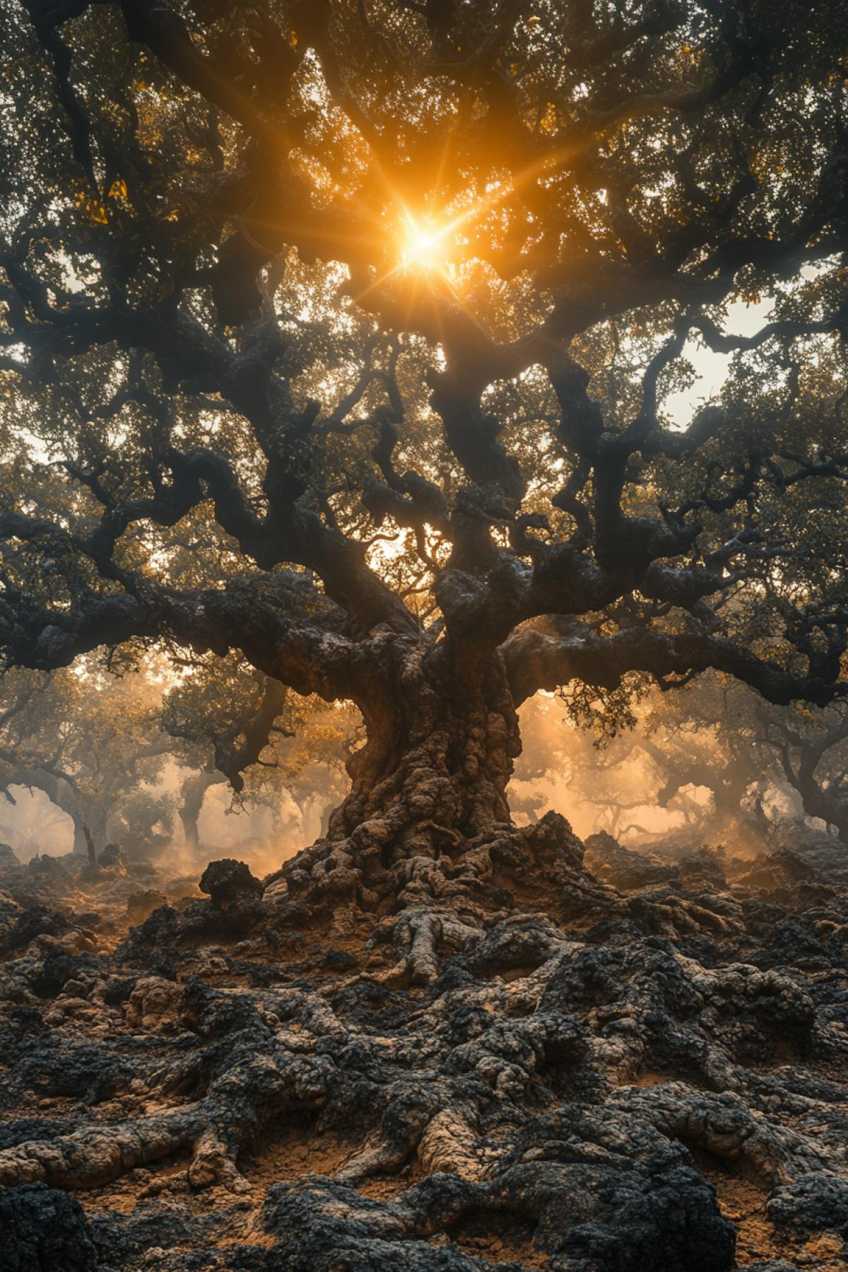 Drought in Indian jungle, parched earth cracking under relentless sun, wilted foliage, fading greens, withering wildlife, dust swirling in the air, eerie silence, twisted roots 4k, vibrant colors dulled, contrast between life and desolation, ancient trees standing sentinel.