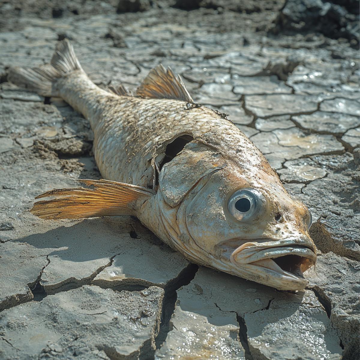 Dead fish scattered on cracked lakebed, lifeless birds resting on sunbaked ground, wilted animals under a harsh sun, desiccated vegetation surrounding the dry lake, eerie silence broken only by the faint rustle of parched leaves, remnants of life fading, skeletal remains stark against the sun-bleached earth, haunting atmosphere of loss and decay.