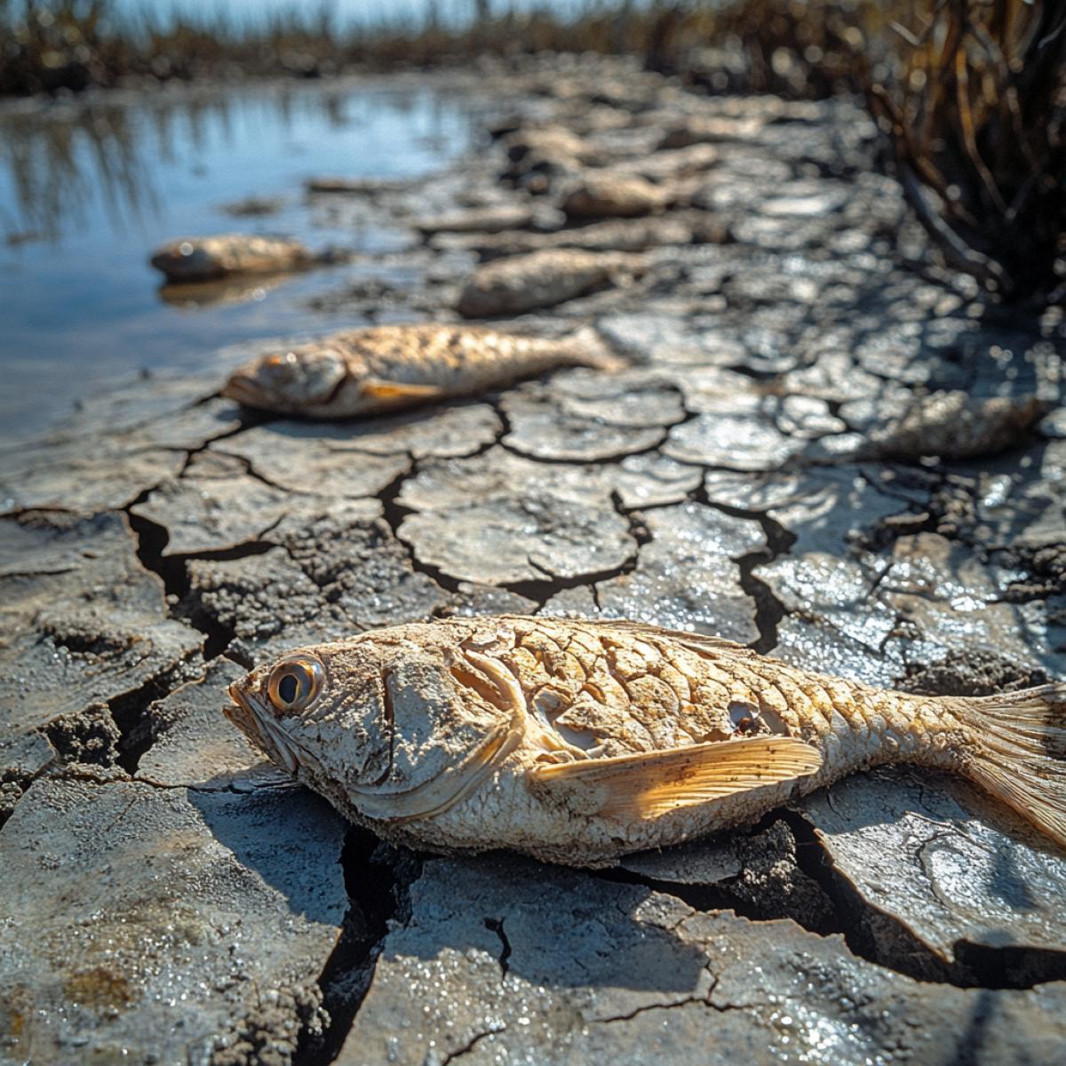 Dead fish scattered on cracked lakebed, lifeless birds resting on sunbaked ground, wilted animals under a harsh sun, desiccated vegetation surrounding the dry lake, eerie silence broken only by the faint rustle of parched leaves, remnants of life fading, skeletal remains stark against the sun-bleached earth, haunting atmosphere of loss and decay.