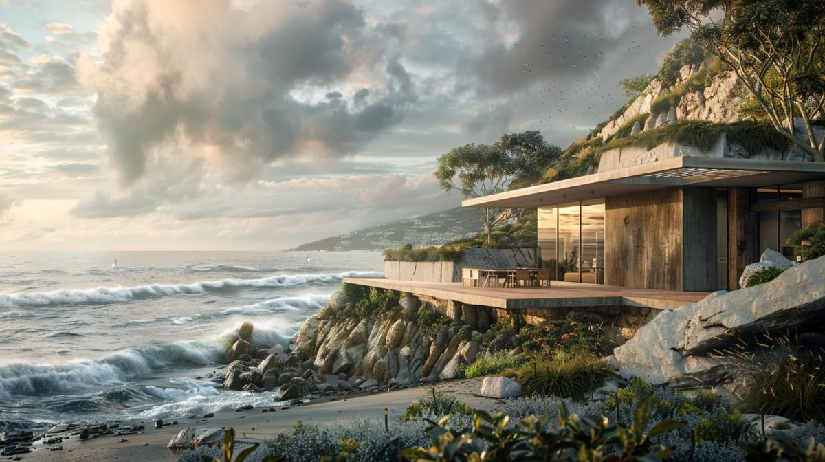 In the foreground is a modern house, surrounded by a picturesque landscape, with a terrace extending into the blue of the ocean, endless waves, beautiful lighting, maximum details.