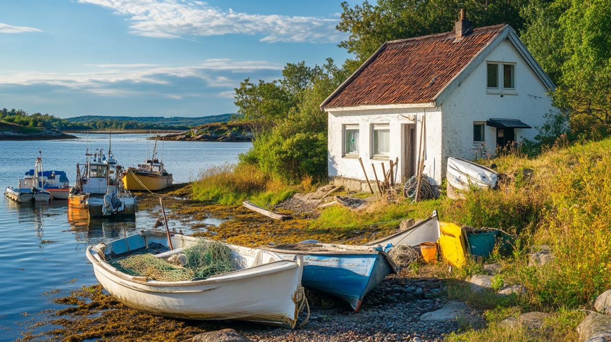 A white fishermans house by the sea in the greenery, on the shore there are boats and fishing nets drying.