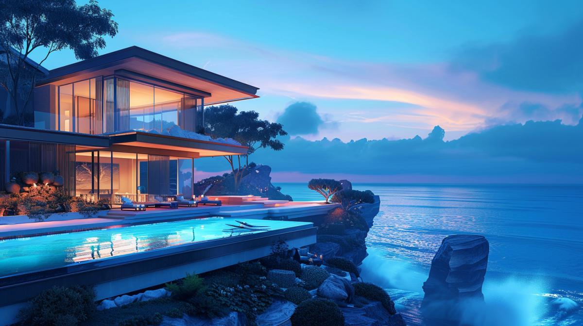 In the foreground is a modern house, surrounded by a picturesque landscape, with a terrace extending into the blue of the ocean, endless waves, beautiful lighting, maximum details.