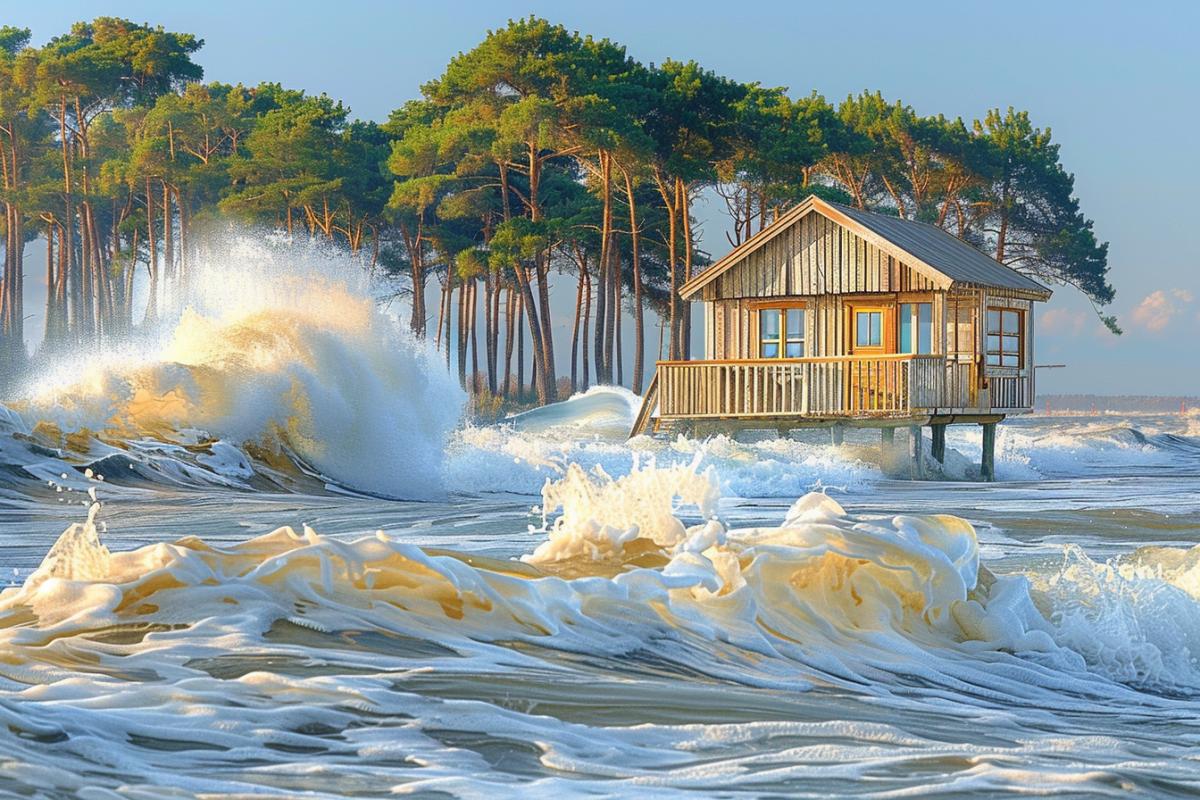 Traditional wooden Russian hut on the shore of the White Sea, rocky landscape, sea waves, pine trees