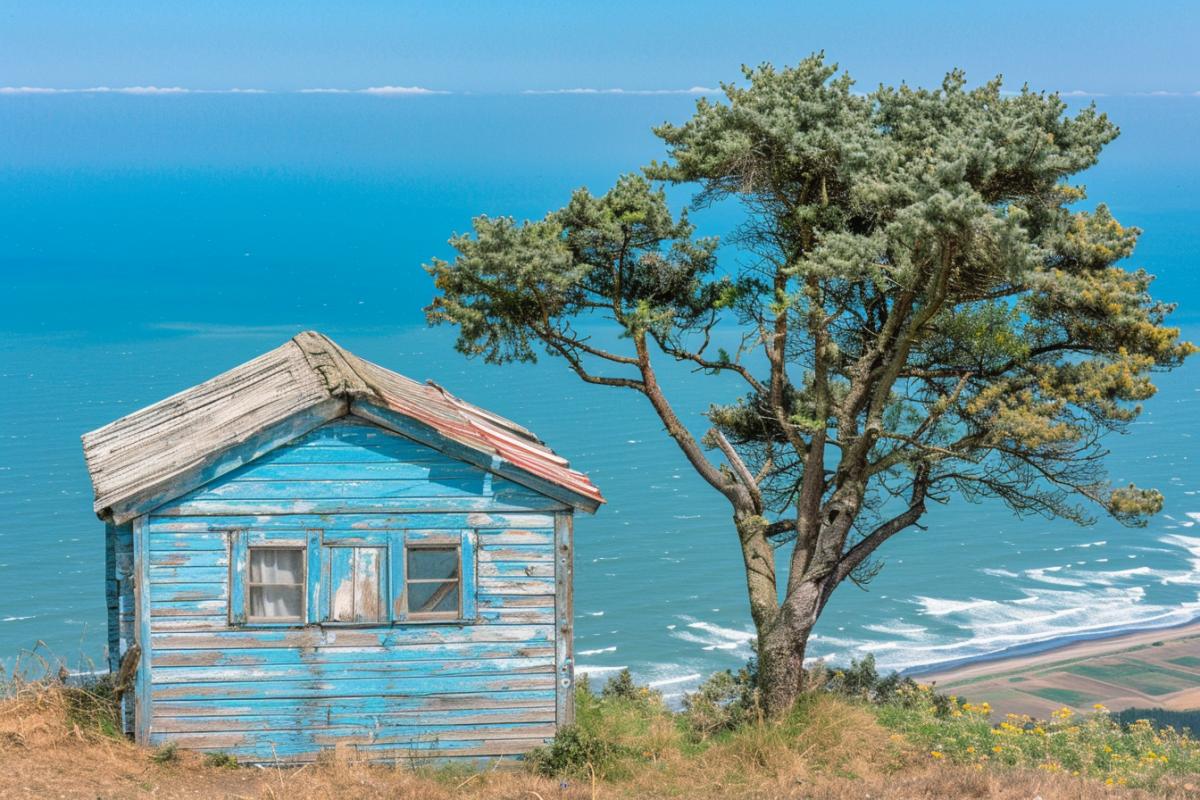 Traditional wooden Russian hut on the shore of the White Sea, rocky landscape, sea waves, pine trees