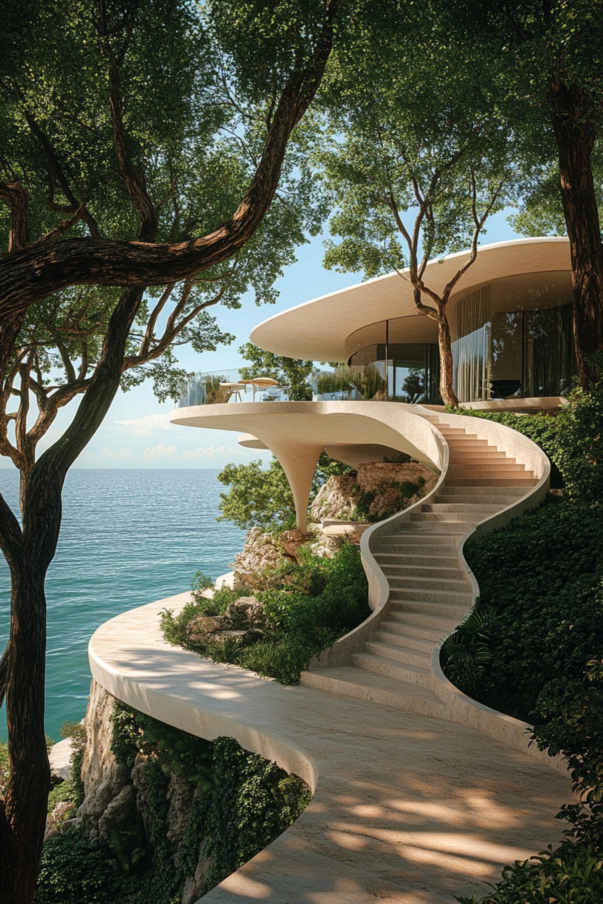 Futuristic house on a steep slope by the sea, stairs leading down to the sea, surrounded by trees with crooked trunks, a lot of greenery, sun, summer, lagoon, absolute calm photo from an architectural magazine