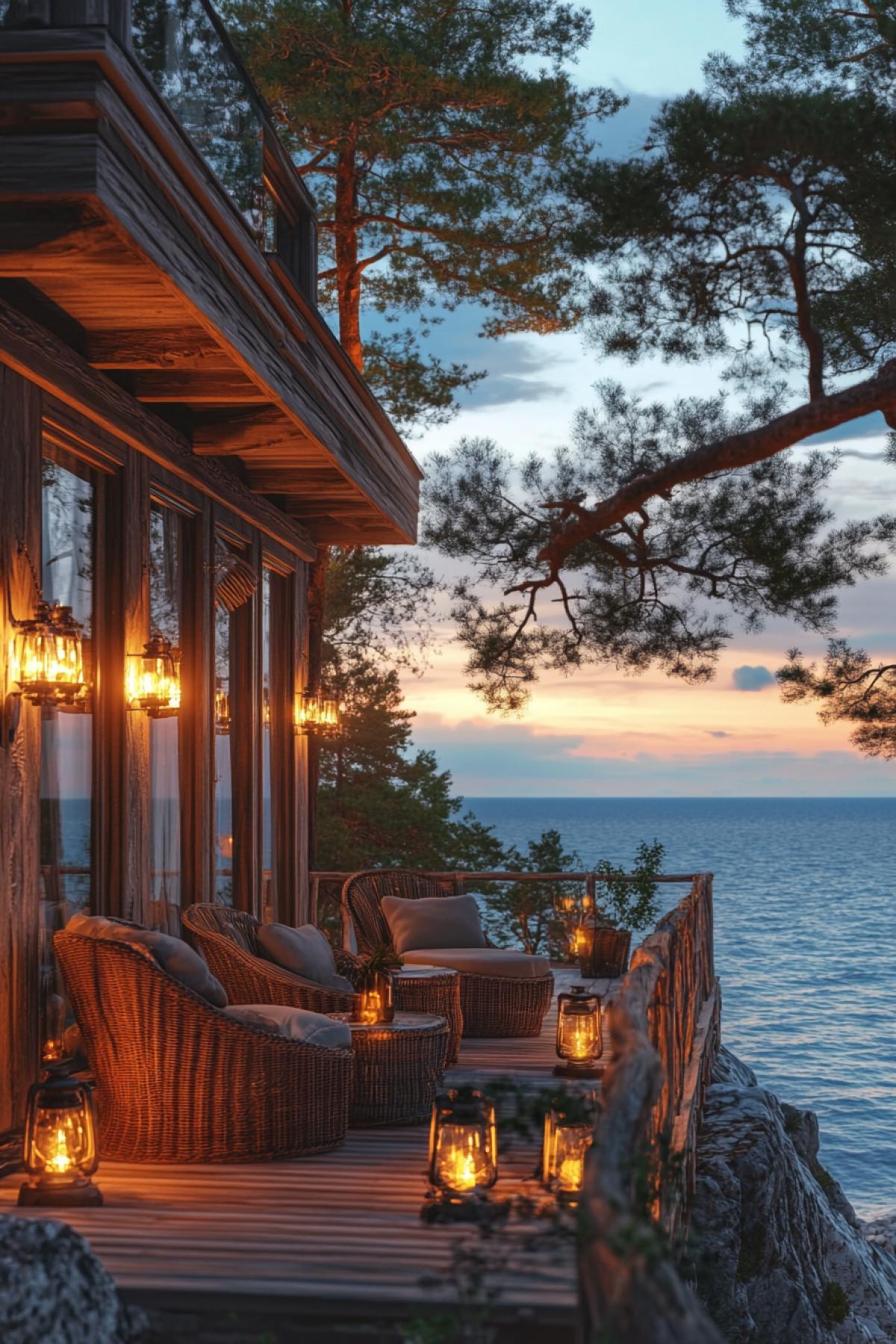 A cozy wooden house in the Scandinavian style, standing on a cliff at the very edge of the ocean, large panoramic windows overlooking the waves, a terrace with wicker chairs, burning lanterns create a warm light in the evening twilight, in the background there is a dense pine forest, the sea breeze flutters the curtains, a feeling peace and harmony.