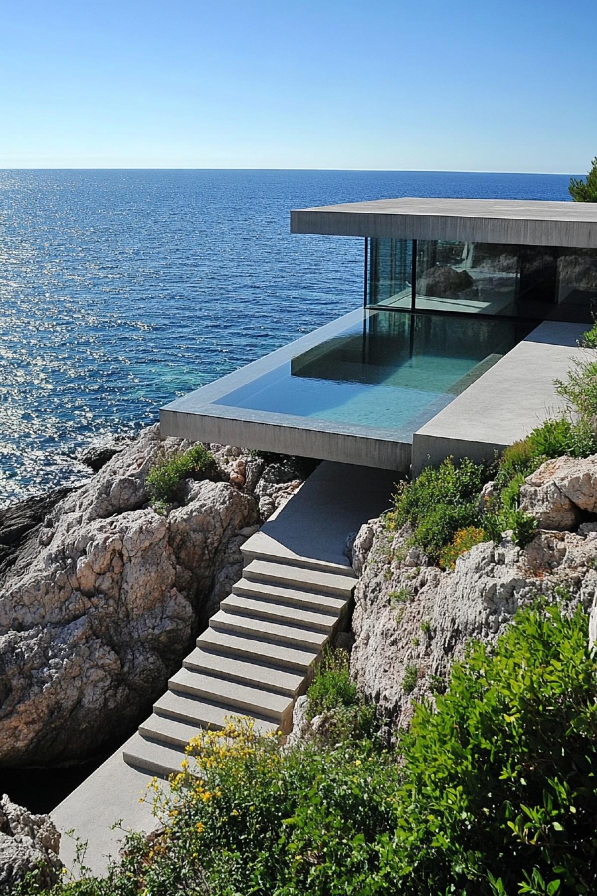 Modernist house made of glass and concrete, with smooth lines, partially embedded in the coastal rock, the terrace roof opens into an outdoor pool reflecting the endless ocean, wide steps go straight down to the water, surrounded by green shrubs and flowers, sunny day, an atmosphere of luxury and tranquility, spacious interior with minimalism.