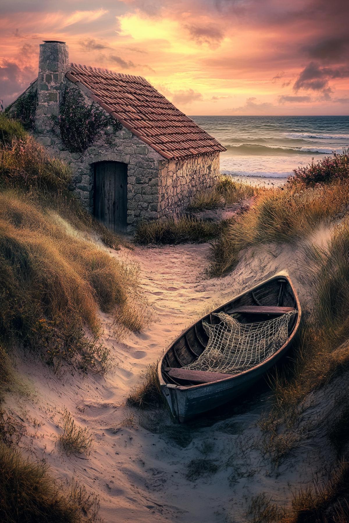 An ancient stone cottage, partially hidden among the sand dunes, a dark tile roof, the endless ocean with foaming waves in the background, a path leading to a wooden door, an old boat and fishing nets at the threshold, the sunset sky colors the scene in soft orange-pink tones, a feeling privacy and tranquility.