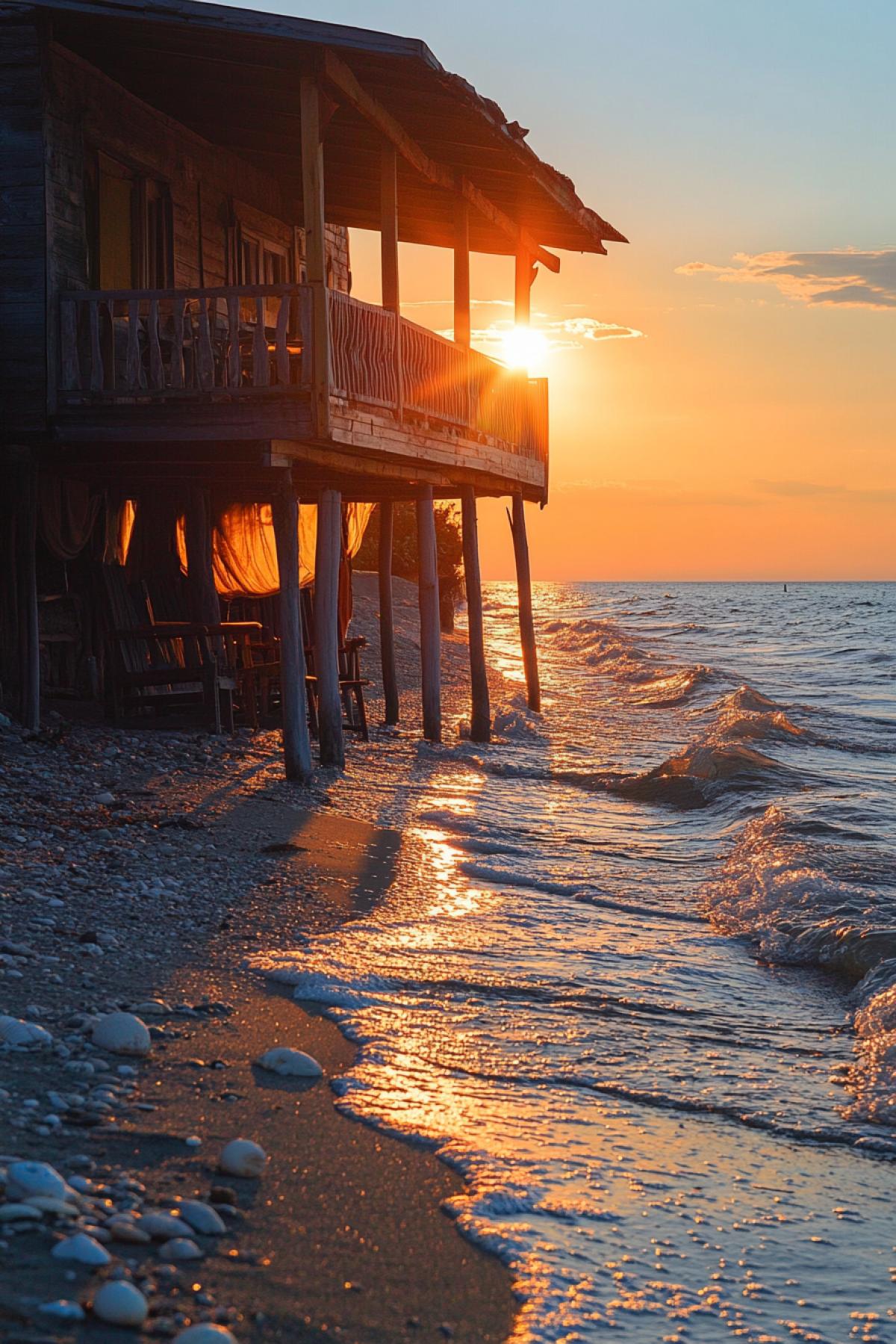 A wooden house on stilts, standing right on a sandy beach, waves wash the legs of the stilts, there are small stones and shells around, in front of the house there is an open veranda with rocking chairs, the setting sun is on the horizon, its golden rays illuminate the house and give the scene warm shades, a light wind sways curtains, a feeling of peace and relaxation.
