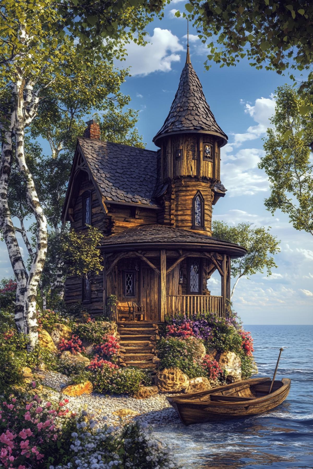 A wooden tower near the seashore, carved frames and a porch, a roof covered with dark tiles, surrounded by birch trees and flowering bushes, sea waves gently splashing against the stones, next to an old boat at anchor, above the house there is a blue sky with light clouds, an atmosphere of calm and nostalgia.
