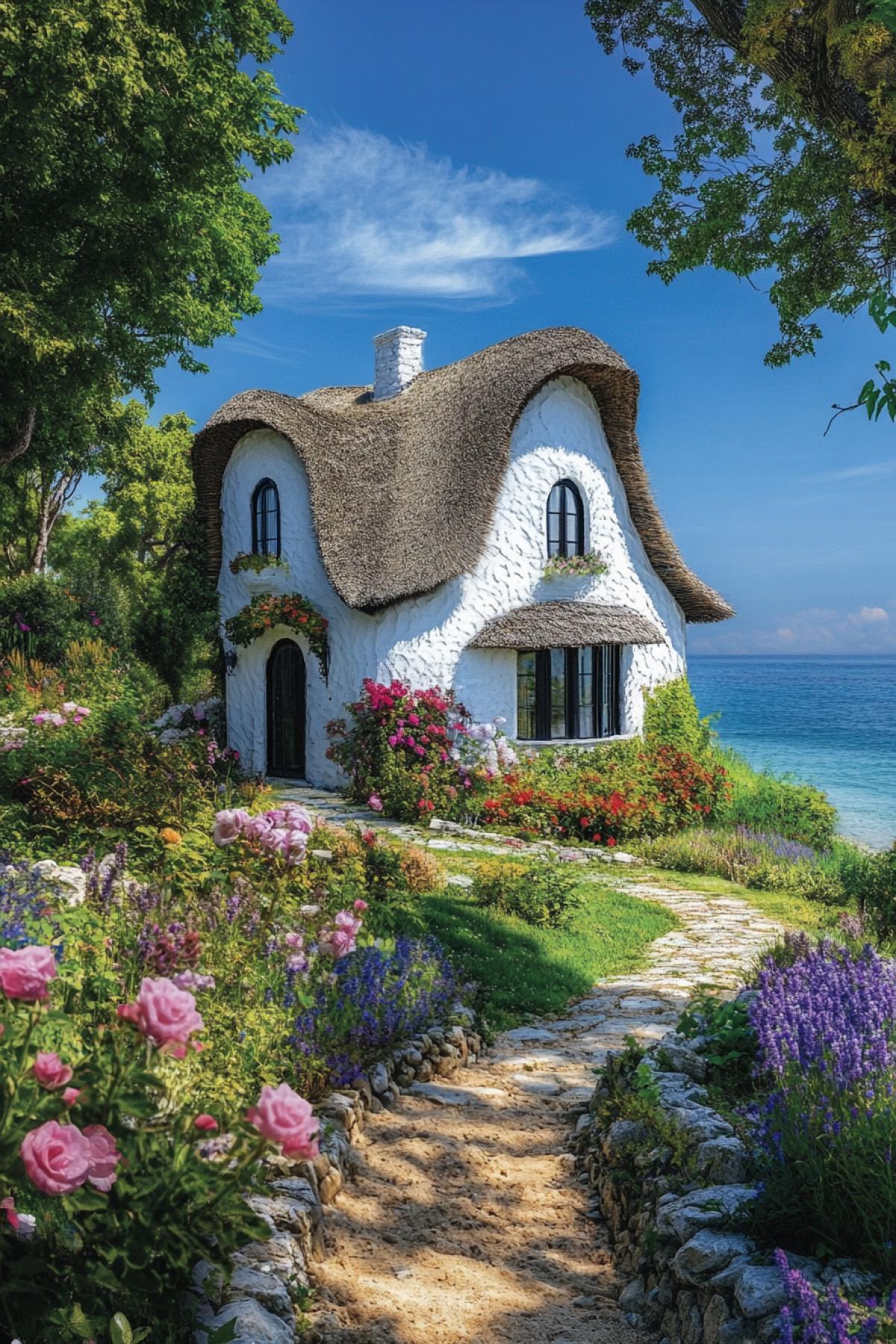A snow-white house with a thatched roof, standing on a green hill right at the edge of the sea, wide windows overlooking the endless ocean, around the house is surrounded by a blooming garden with roses and lavender, to the side a small path leads to a cozy beach, above the house there is a clear blue sky, light sea breeze, an atmosphere of absolute happiness and peace.
